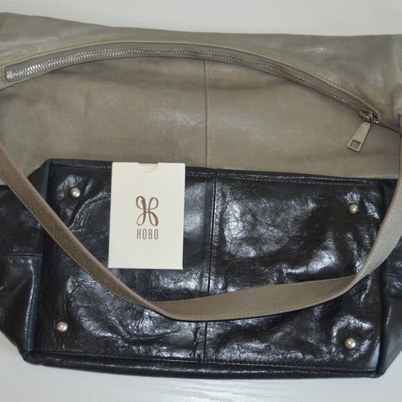 🖤 HOBO Joyce Style Shoulder Bag Two-Tone Leather Stone/Gray & Black - Picture 14 of 14